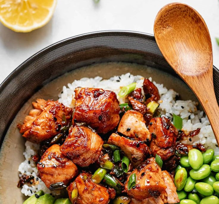 Terakyi Salmon Cubed on Fluffy Rice, Edamame and Scallions