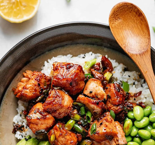Terakyi Salmon Cubed on Fluffy Rice, Edamame and Scallions